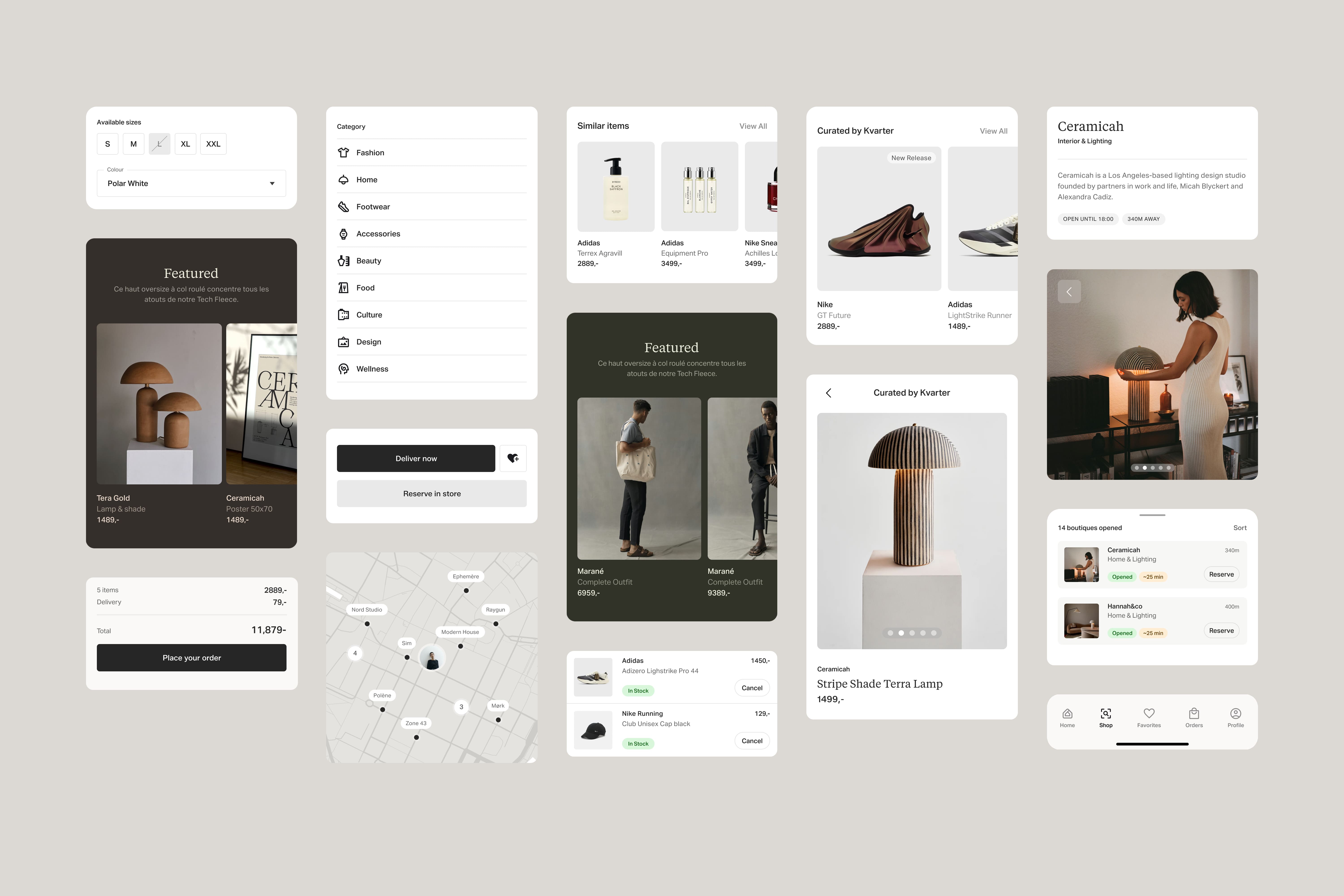 Close-up of the Kvarter explore map showing categories and nearby open stores.